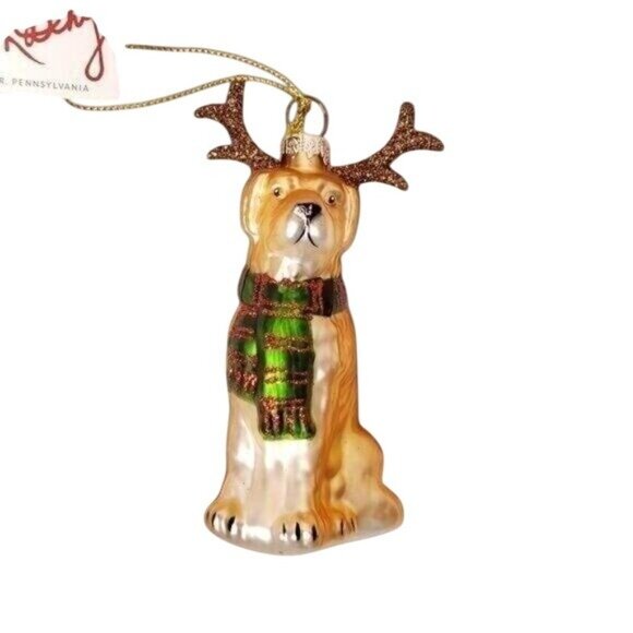 Golden Retriever Glass Ornament Glitter Antlers 4 1/2" Tall Christmas Decoration - Picture 2 of 5